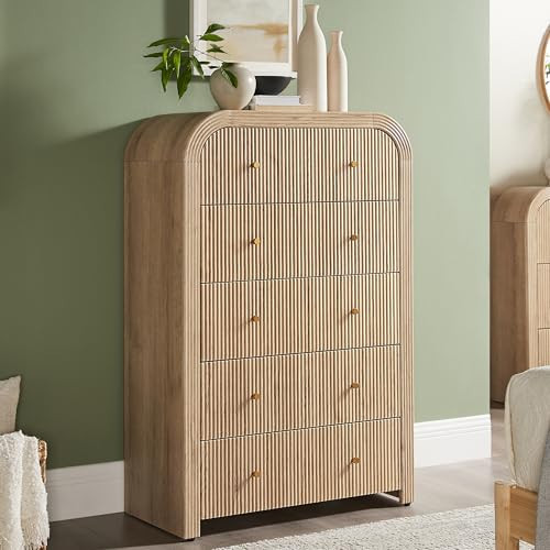 T4TREAM Fluted 5 Drawers Dresser, 48" Tall Modern Chest of Drawers with Thickened Curved Profile Design, Wood Closet Clothes Storage Organizer for Bedroom, Living Room, Hallway, Natural Oak | Amazon (US)