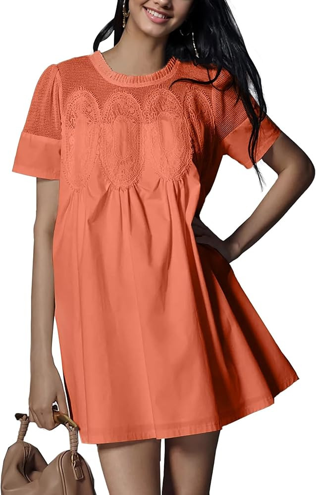 Womens Summer Lace Mini Babydoll Dress Ruffled Collar Short Sleeve Loose Mesh Swing Elegant Flare... | Amazon (US)