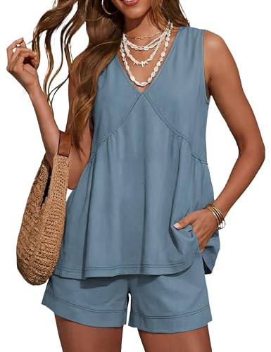 Hooever Women's 2 Piece Outfits Sleeveless V Neck Ruffle Sets Summer Contrast Stitching Tunic Top Matching Shorts(BlueGrey-L) | Amazon (US)