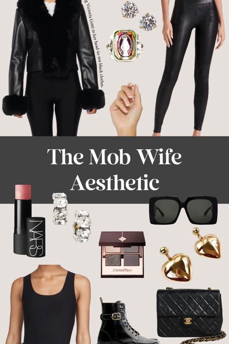 Mob wife aesthetic - this fashion trend has gone viral on TikTok. I channeled Victoria Gotti with her head to toe black on black leather outfits. Faux black leather leggings, black leather jacket with faux fur trim, gold earrings (vintage and oversized), the best black bodysuit, oversized sunglasses and a smoky eye. 

#LTKover40 #LTKstyletip #LTKmidsize