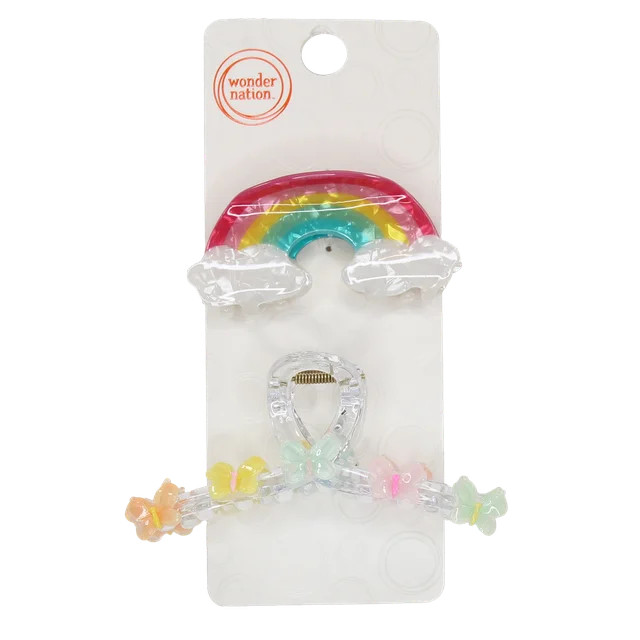Wonder Nation Girls Rainbow and Butterflies Hair Claw Clips Set, 2-Piece, Multi | Walmart (US)
