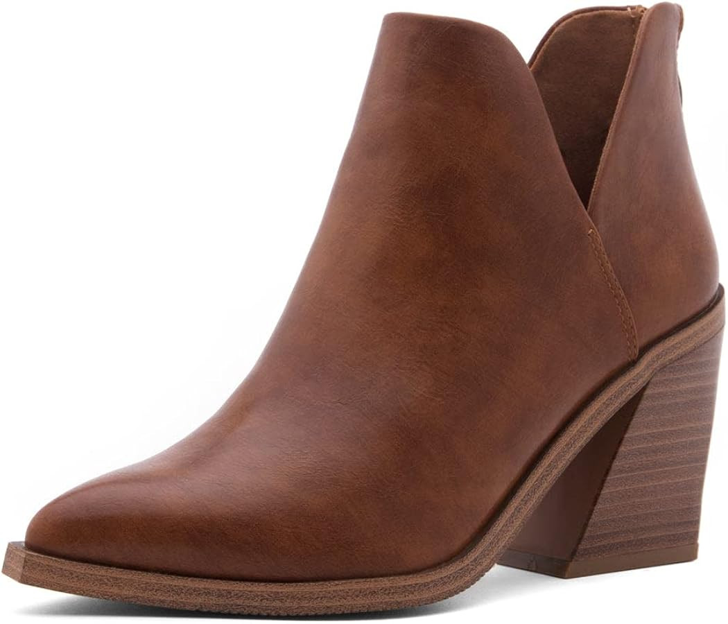 Shoe Land Womens Mingo Ankle Booties Chunky Stack Heels V Cutout Boots Pointed Toe Back Zipper Sl... | Amazon (US)