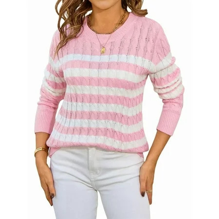 Women S Striped Sweaters Casual Crew Neck Long Sleeve Pullover Oversized Cable Knit Loose Jumper Tops Pink M | Walmart (US)