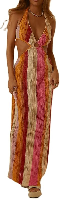 Women Knitted Backless Long Dress Crochet Hollow Out Bodycon Midi Dress See Through Sexy Cover Up Ma | Amazon (US)