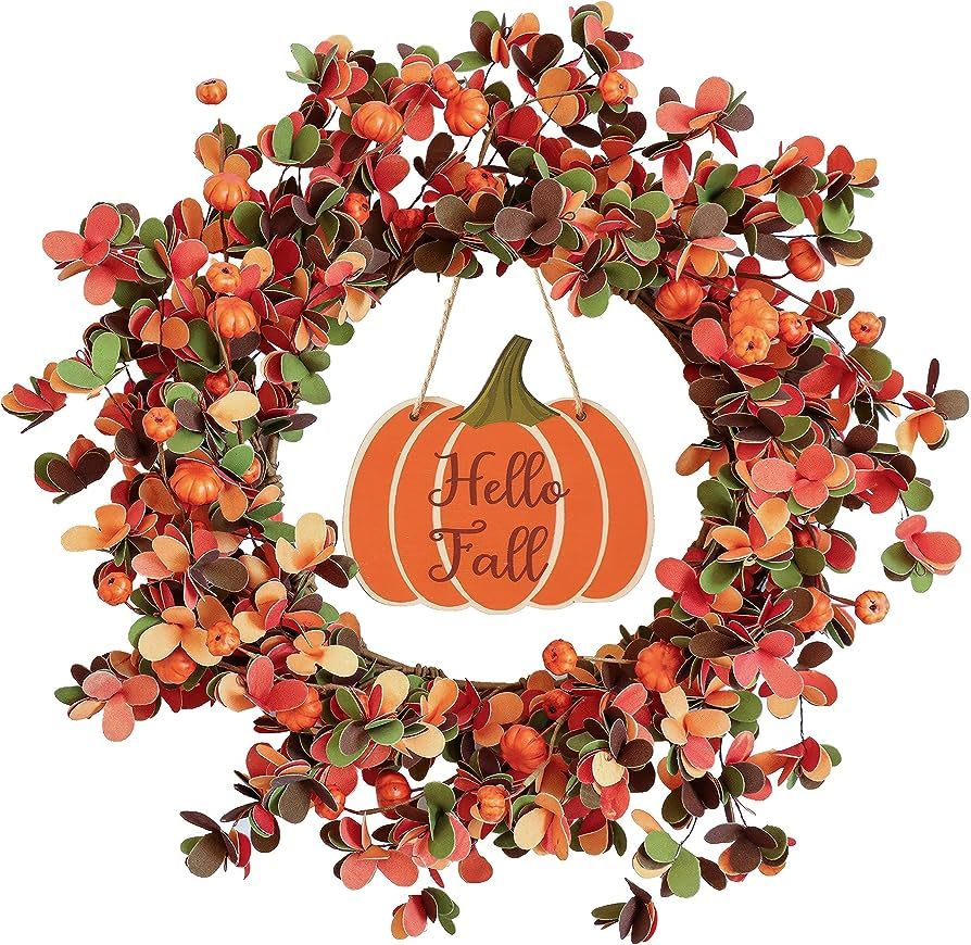 J'FLORU Artificial Fall Wreath with Pumpkin Shaped Sign,20 Inch Fall Door Wreath Autumn Wreaths f... | Amazon (US)