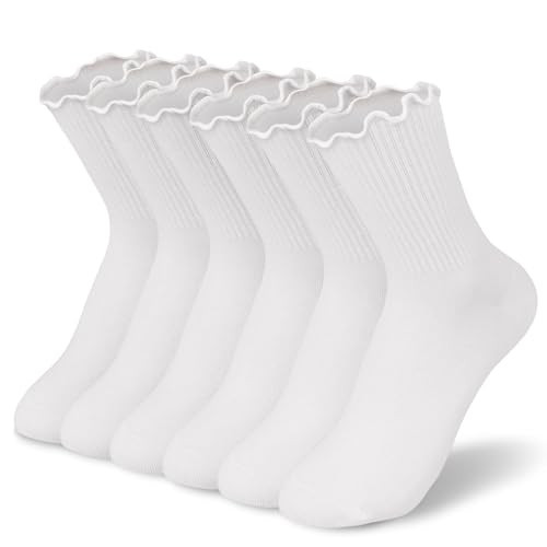 BIVOLU Womens Ankle Socks Ruffle Cotton Cute Frilly Trim Breathable Crew Ruffled Socks 6 Pack | Amazon (US)