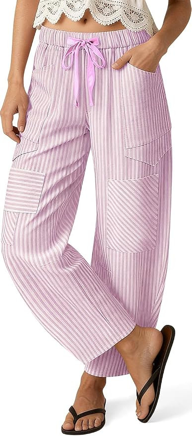 TARSE Womens Striped Linen Barrel Pants Drawstring Y2k Patchwork Pockets | Baggy Loose Fit, Wide ... | Amazon (US)