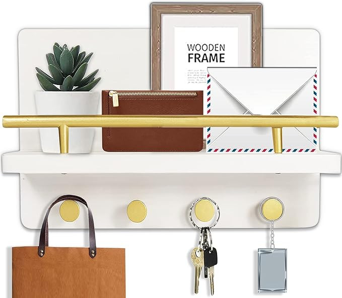 Mail Organizer Wall Mount, Key Holder with 4 Keychains Hooks Decorative, Dog Leash Hanger with Sh... | Amazon (US)