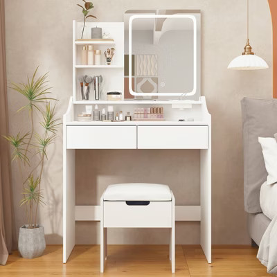 Makeup Vanity Desk Set with Mirror & Light, White with Stool | Target