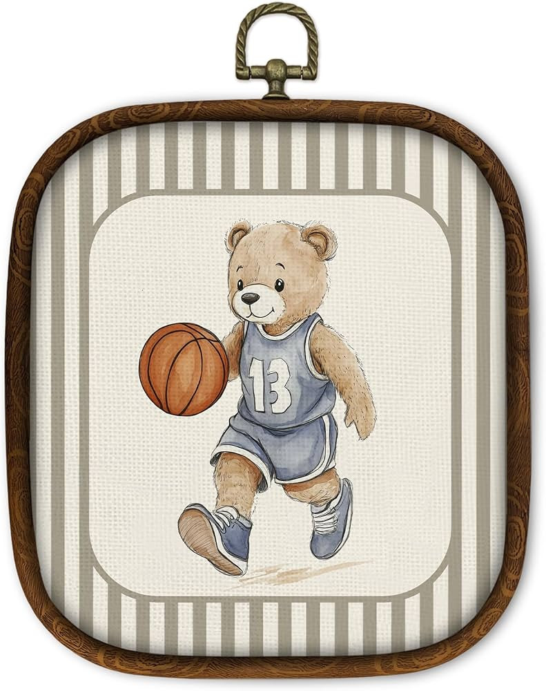 WULQYING Vintage Teddy Bear Basketball Wall Art Decor, Retro Nursery Sports Square Framed Canvas ... | Amazon (US)