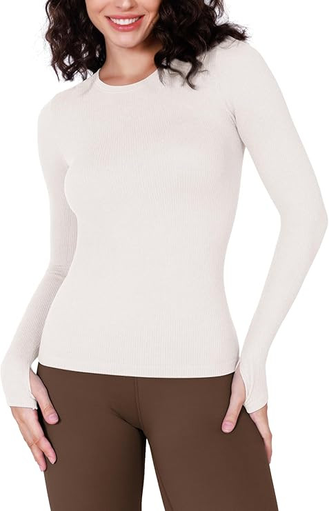 ODODOS 2-Pack Seamless Long Sleeve Tops with Thumb Hole for Women Crew Neck Ribbed Tee Workout Yo... | Amazon (US)