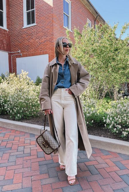 Trench coat with denim shirt, white wide leg jeans, brown sandals, Gucci bag

#LTKitbag #LTKover40 #LTKfindsunder100