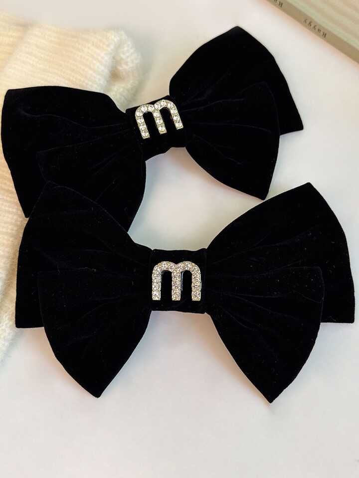 2pcs Women's Black Metal M Letter Rhinestone Decor Bow Fabric Elegant Hair Clip | SHEIN