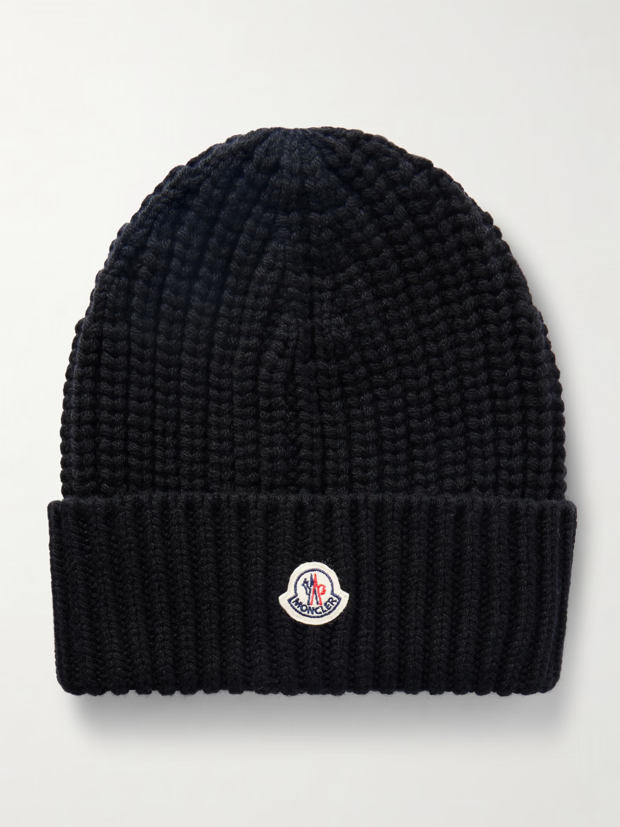 Moncler - Appliquéd Ribbed Wool And Cashmere-blend Beanie - Black | NET-A-PORTER (US)