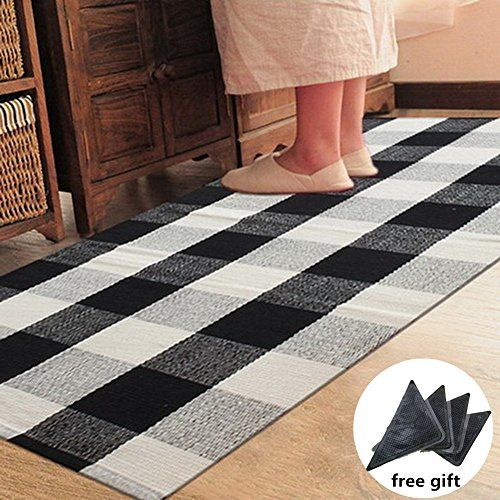 Ukeler 100% Cotton Plaid Rugs Black/White Hand-woven Checkered Carpet Washable Rag Throw Rugs, 23.6' | Amazon (US)