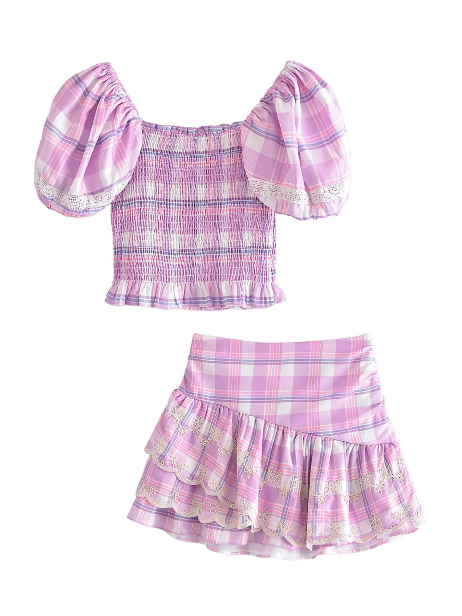 'Gloria' Lace Plaid Ruched Top/ Skirt | Goodnight Macaroon