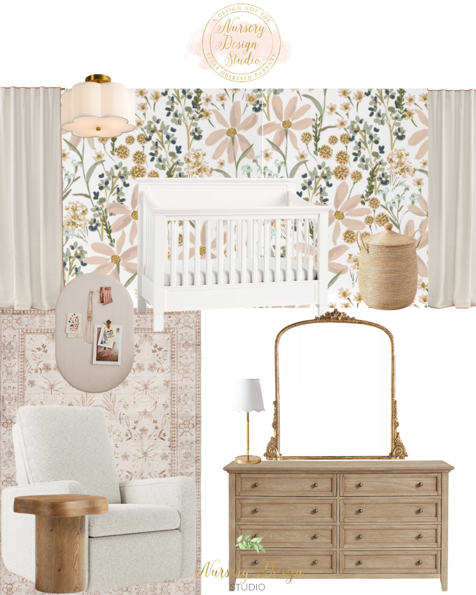 Baby girls nursery 

Floral, earth tone rug, brown rug, dresser, side table 

#LTKHome #LTKBump #LTKCyberWeek