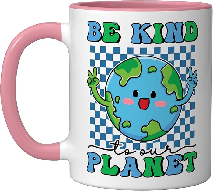 Be Kind To Our Planet Earth Day Cute Groovy Planet Earth Ceramic Mug, Pink/White | Amazon (US)
