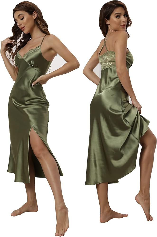 ALCEA ROSEA Women Silk Satin Nightgown Sexy Lace Chemise Lingerie Long Sleepdress for Ladies Slee... | Amazon (US)