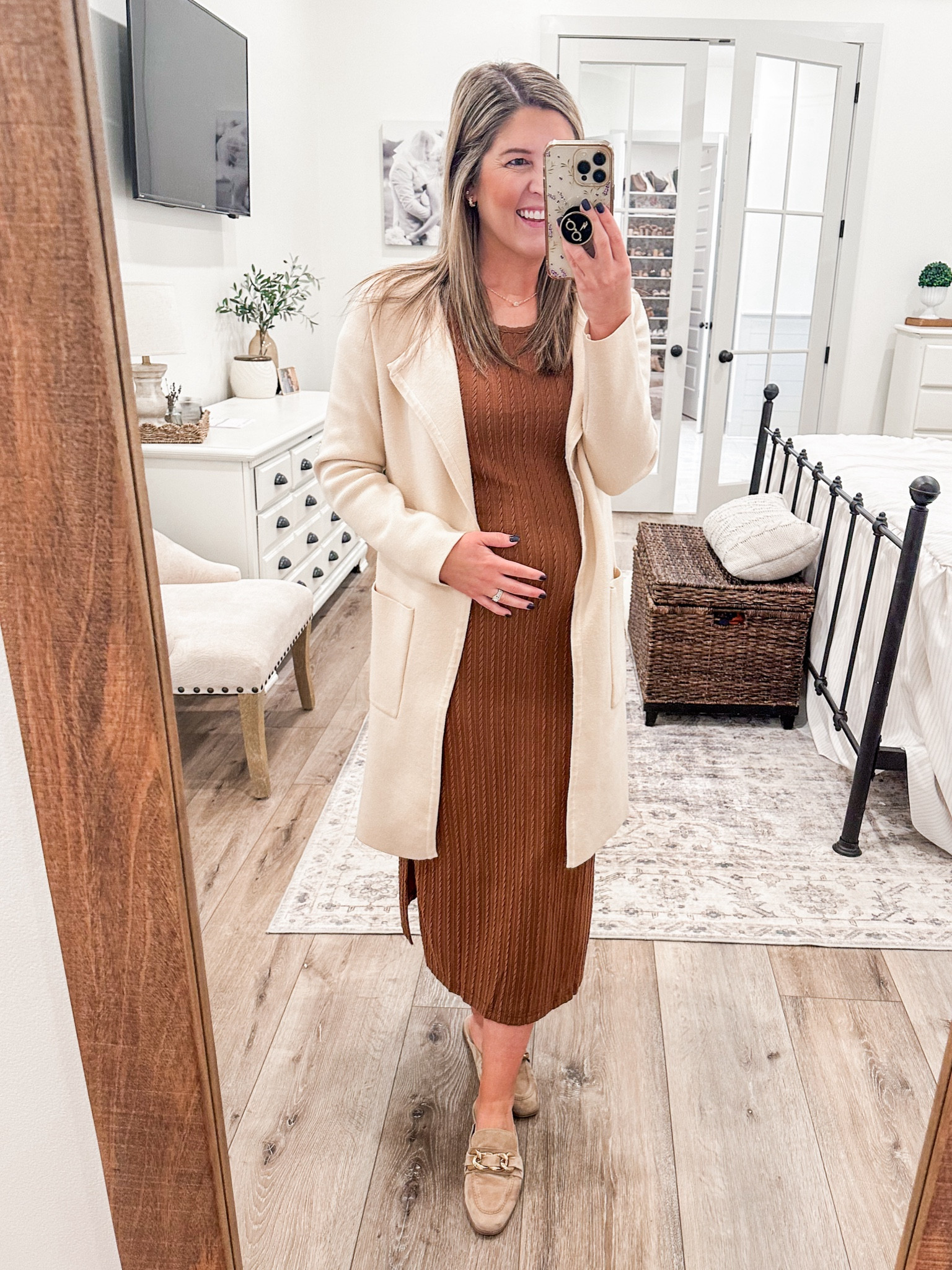 Wednesday Work Outfit🍂 Feeling very pregnant and fall today in this comfy Amazon midi dress 😅 Runs tts (size medium for the bump) only $20
Coatigan- size xs (runs tts)

Work outfit, fall outfit, fall midi dress, coatigan, maternity outfit, pregnancy style 

#LTKStyleTip #LTKBump #LTKWorkwear