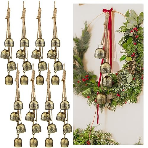 8 Sets Christmas Bells Rustic Hanging Bell with Rope Cow Bells Iron Wrought Bell Chime 4 Relaxing Tranquil Wind Chimes Gold Vintage Metal Outdoor Harmony Bells for Xmas Decoration, 14 Inch Length | Amazon (US)
