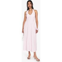 boohoo Women's Gingham Bengaline Plunge Midaxi Dress in Pink | Size: 10 | Denim/Bengaline | boohoo (US & Canada)