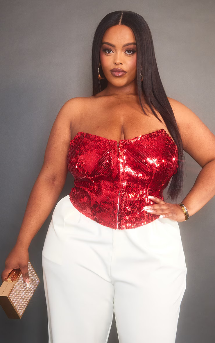 Plus Red Sequin Hook And Eye Corset | PrettyLittleThing UK