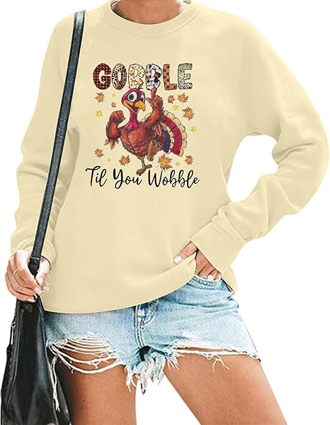 MYHALF Gobble Til You Wobble Shirt Womens Thanksgiving Sweatshirt Funny Turkey Day Shirt Fall Lon... | Amazon (US)