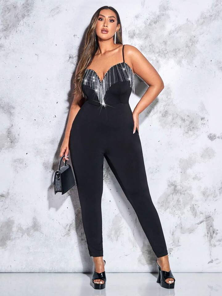 SHEIN BAE Plus Fringe Trim Cami Jumpsuit | SHEIN