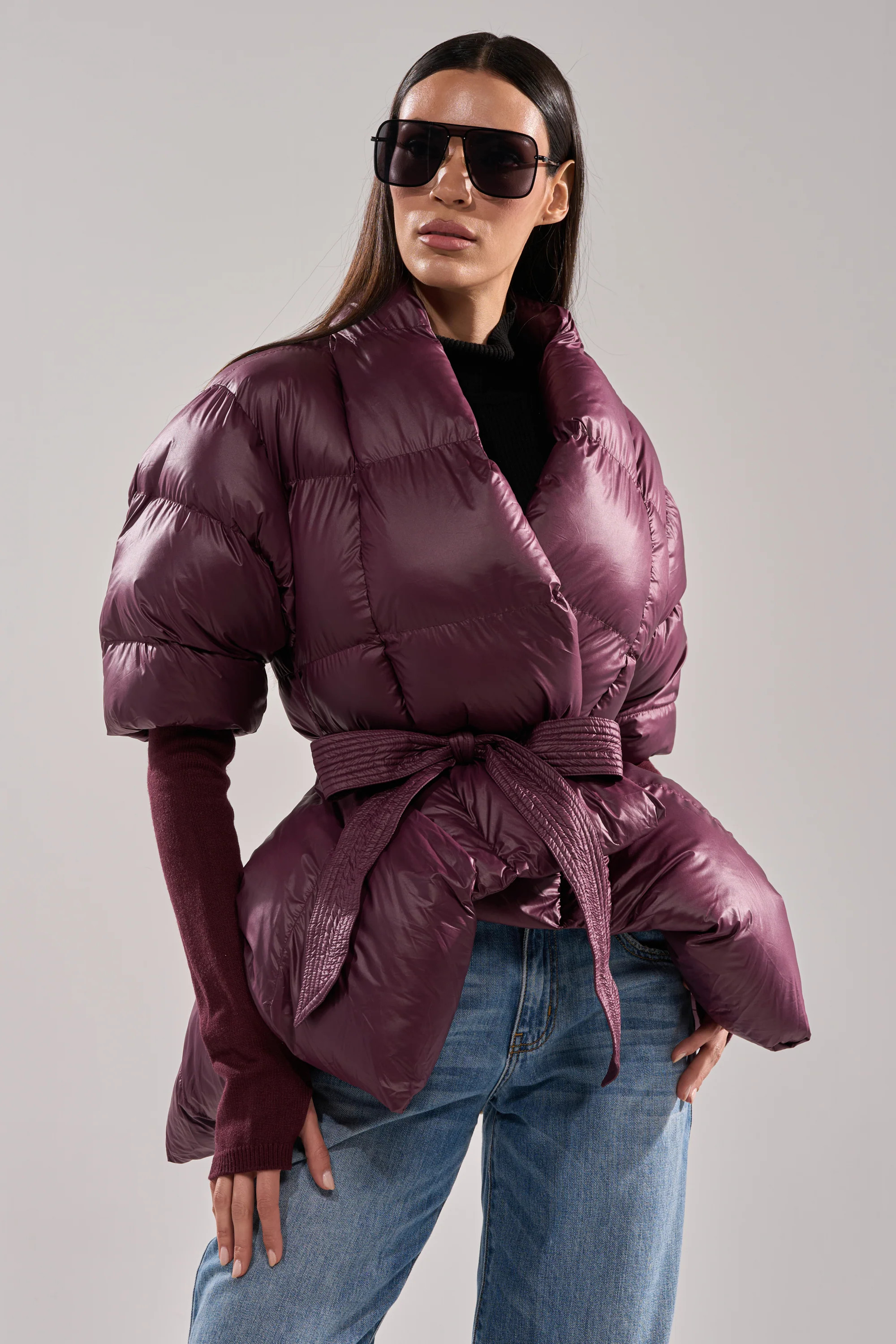 RIB SLEEVE PEPLUM PUFFER IN PURPLE | AKIRA