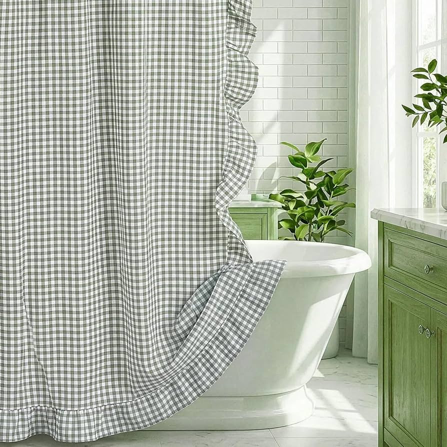 HunnmingRe Ruffled Gingham Shower Curtain Sage Green | Amazon (US)