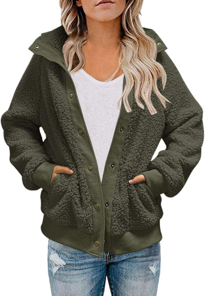 MEROKEETY Womens Winter Long Sleeve Button Sherpa Jacket Coat Casual Warm Fleece | Amazon (US)