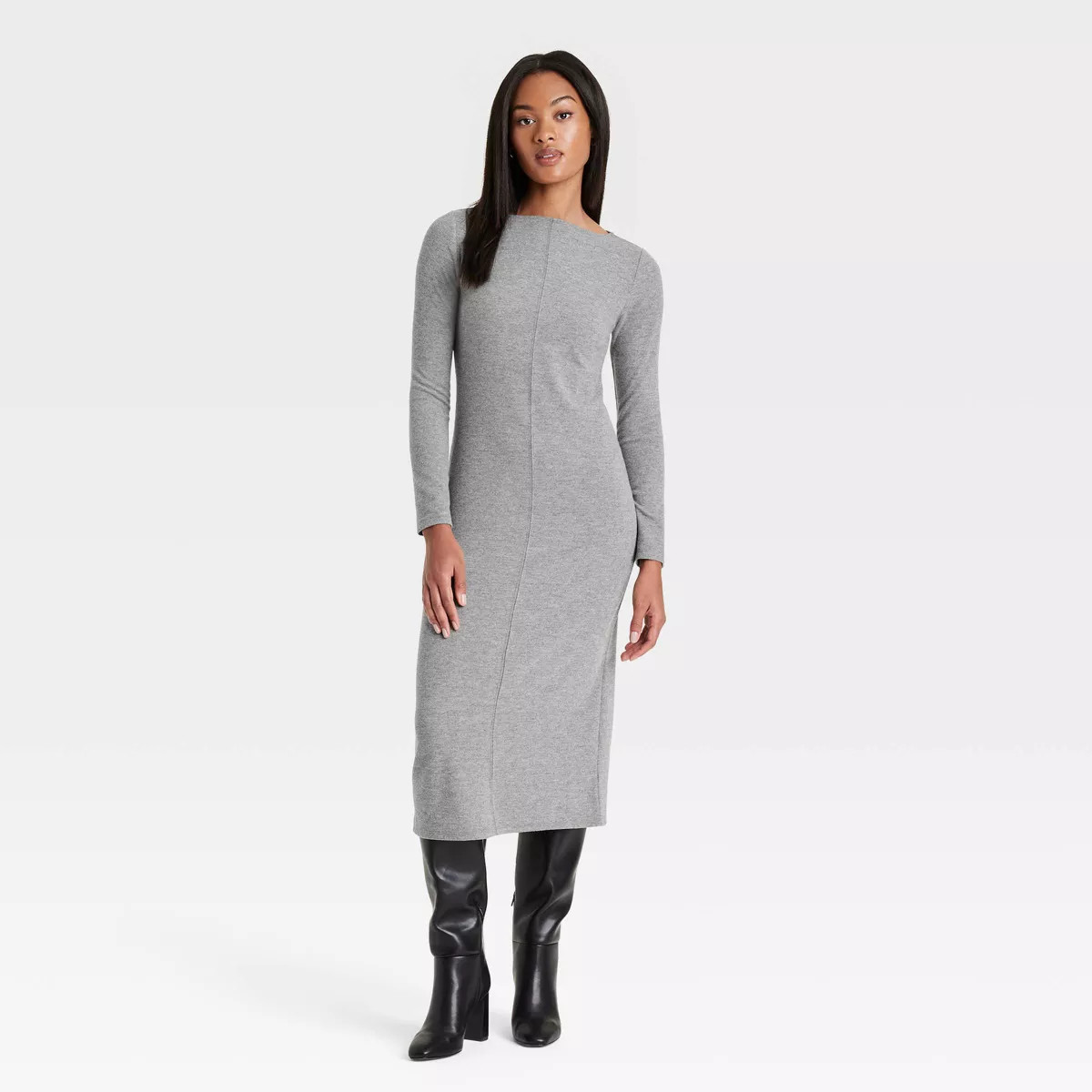 Women's Long Sleeve Knit Midi Shift Dress - A New Day™ Gray | Target
