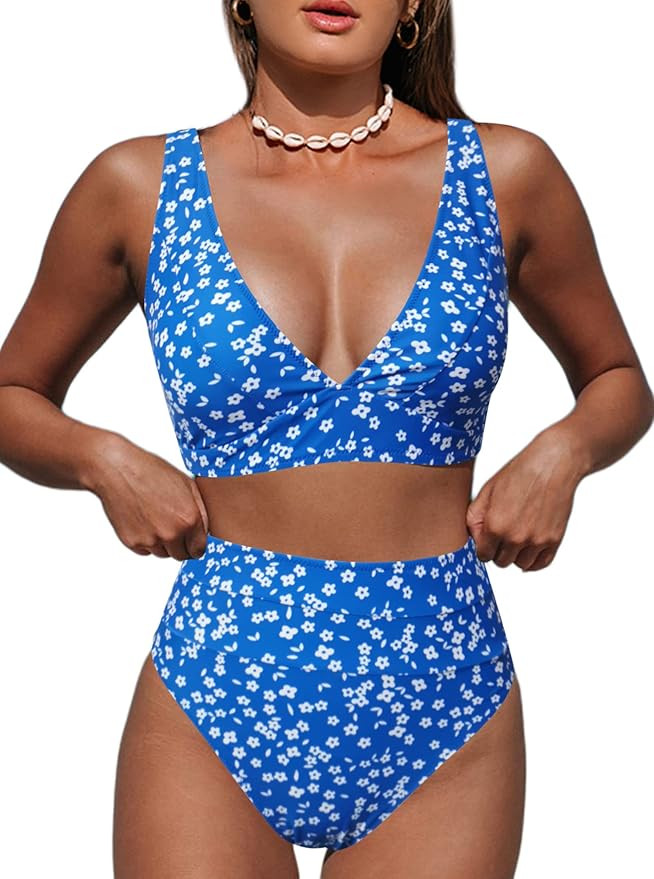 Hilinker Women's Leopard Bikini Swimsuits V Neck High Waisted 2 Piece Bathing Suits | Amazon (US)