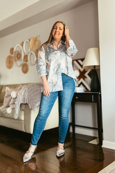 Spring outfit
Patterned button up blouse, jeans, silver flat shoes, silver jewelry

#LTKstyletip #LTKshoecrush #LTKover40