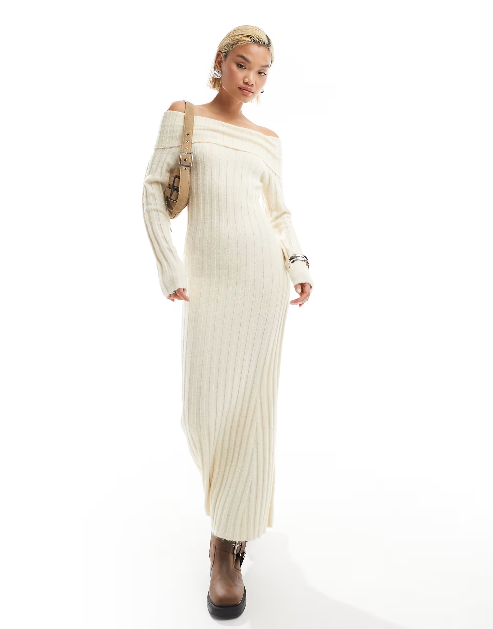 Glamorous off shoulder bodycon maxi knitted dress in cream | ASOS | ASOS (Global)