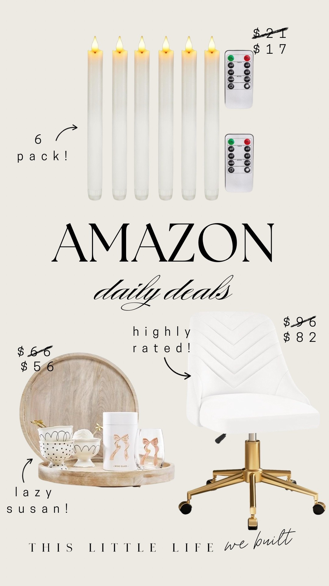 Amazon daily deals! 


Office chair, Lazy Susan, center piece, tray, faux candles, decor, Amazon home, affordable home 

#LTKHome #LTKSaleAlert #LTKU