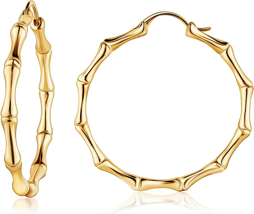 Womens Gold Bamboo Hoop Earrings | Barzel 18K Gold, Rose Gold, or White Gold Plated Bamboo Hoop E... | Amazon (US)
