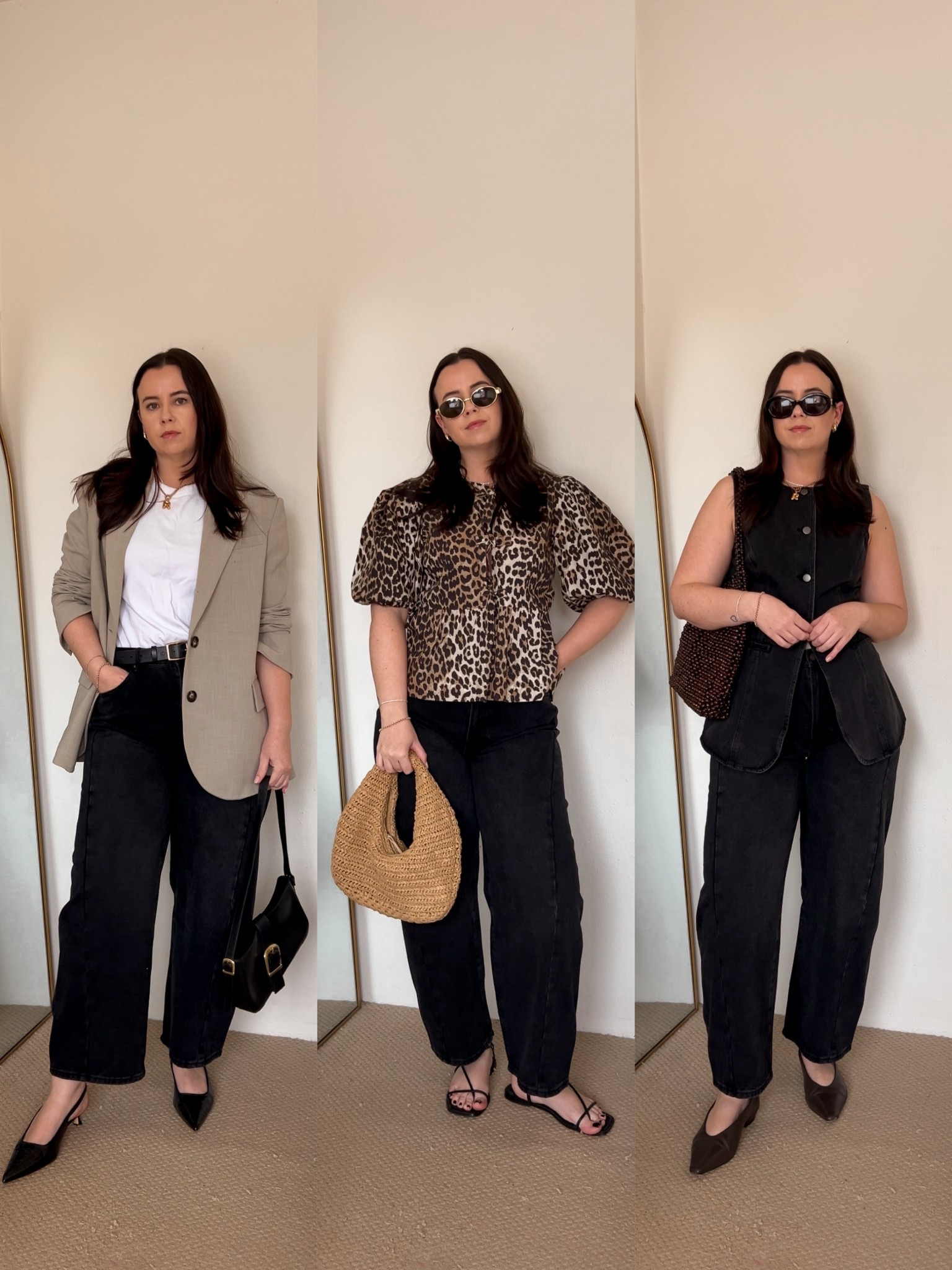 Flo & Frankie barrel leg jeans: size 14 (can’t link here, linked similar)
Old Camilla & Marc blazer (linked similar)
Uniqlo white tee: size XL
Ganni leopard print top: size 40 (12)
Nelson Made sandals
Showpo black denim vest: size 14
Witchery flats
Brie Leon beaded tote 


#LTKmidsize #LTKspring #LTKaustralia