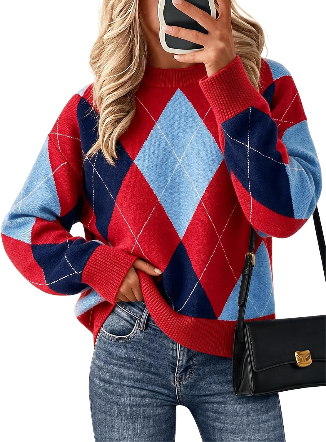 Cicy Bell Sweaters for Women Argyle Plaid Color Block Knit Pullover Tops | Amazon (US)