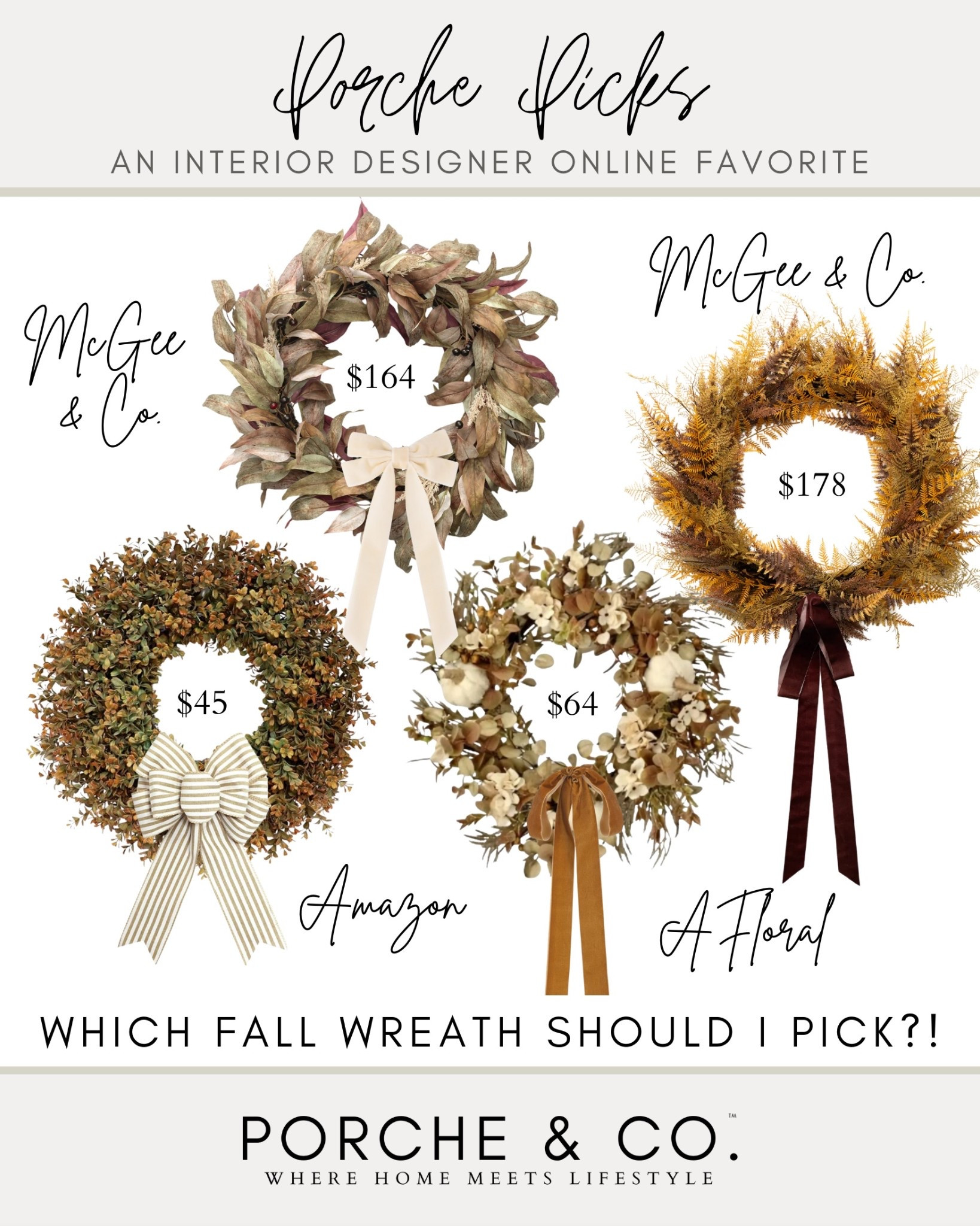 🍂✨ Fall is in the air, and I can’t decide which wreath to bring home! Do I go luxe with McGee & Co., budget-friendly Amazon, or the charming mix from AFloral? Each one would make the perfect statement on a front door for cozy fall vibes. Which would you pick?! 👇

🪞 Wreath Sources:
• McGee & Co. Bay Leaf Wreath – $164
• McGee & Co. Golden Fern Wreath – $178
• Amazon Boxwood Wreath – $45
• AFloral Cotton + Leaves Wreath – $64

Shop all my fall wreath favorites right here 🤍
#porcheandco #ltkhome #ltkdecor #falldecor #homedecor

#LTKSeasonal #LTKHome #LTKStyleTip