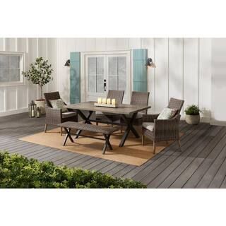 Hampton Bay Rock Cliff 6-Piece Brown Wicker Outdoor Patio Dining Set with Bench and CushionGuard ... | The Home Depot
