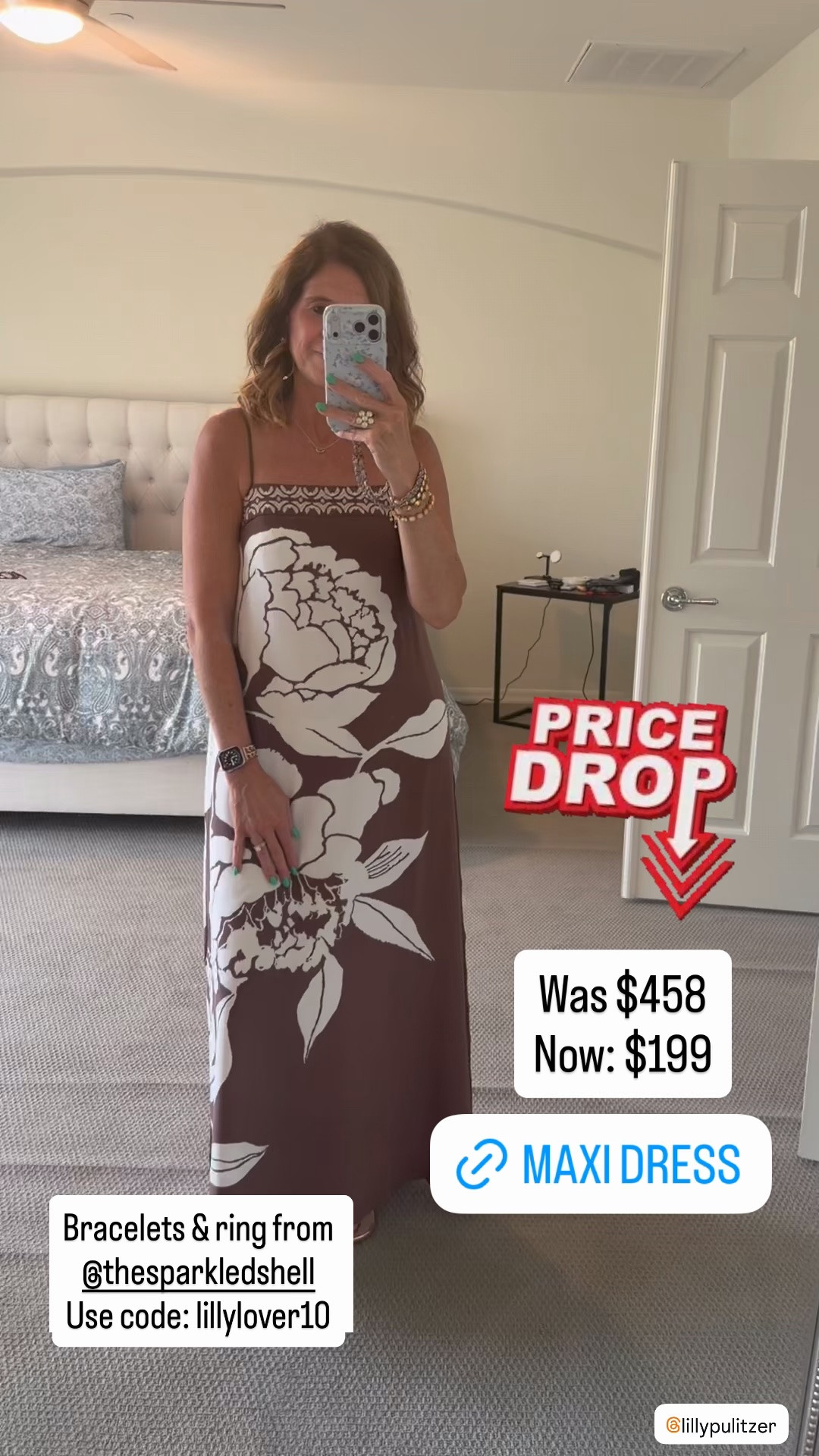 Maxi Dress 

Lilly lovers who love a neutral moment—look at this one! 🤎🤍

This beautiful brown-and-white floral maxi has dropped from $458 to $199! That’s $259 off a dress you could wear for a cruise dinner, a special occasion, or a dressed-up evening on vacation.

The oversized flowers make such a statement! ✨

My bracelets and ring are from The Sparkled Shell—use code lillylover10.

#LillyPulitzer #SunshineSale #LillyPulitzerSale #MaxiDress #VacationStyle #ltksalealert #maxidress 

Lilly Pulitzer maxi dress, brown floral dress, neutral Lilly Pulitzer, Sunshine Sale, cruise dinner dress, vacation evening outfit, special occasion dress, resort wear.