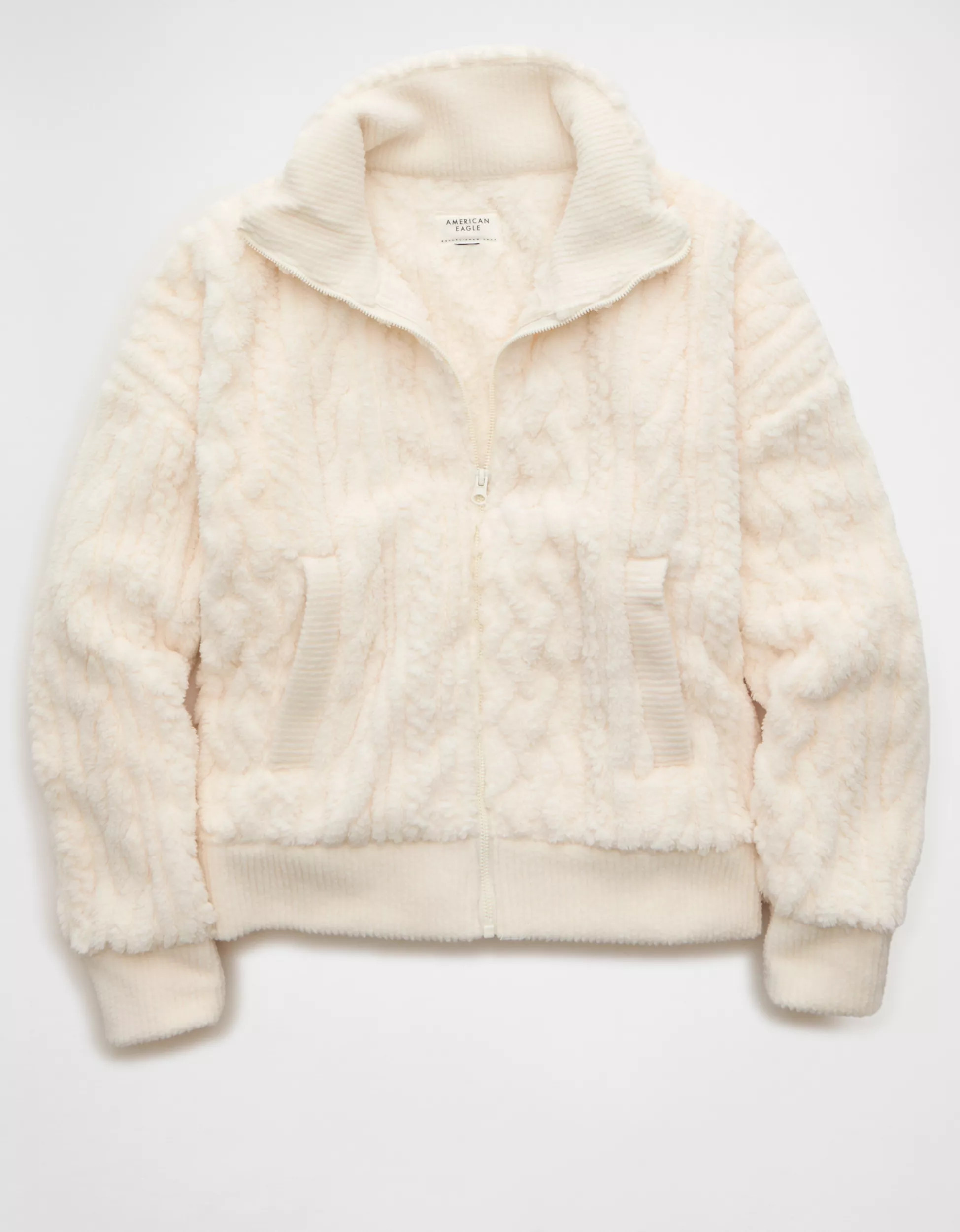 AE Cable Sherpa Full-Zip Sweatshirt | American Eagle Outfitters (US & CA)