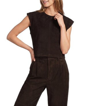 Andrea Genuine Suede Jewel Neck Cap Sleeve Cropped Coordinating Blouse | Dillard's