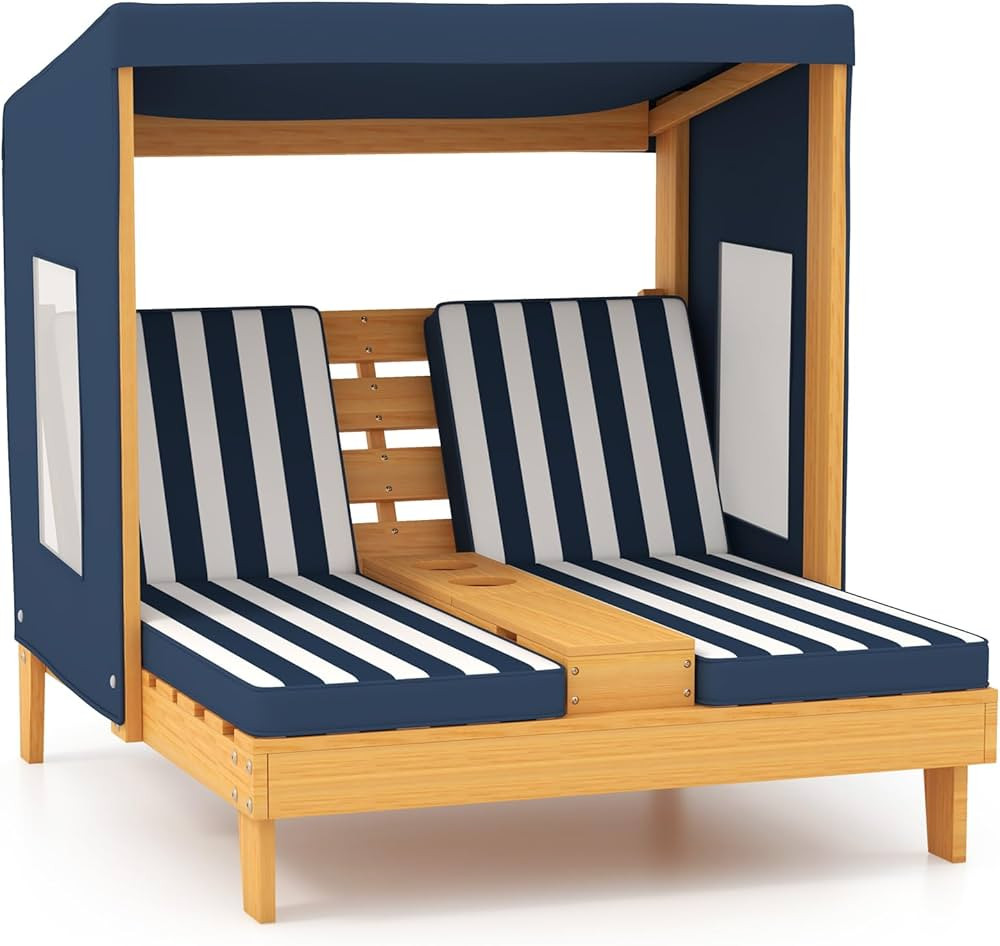 HONEY JOY Kids Chaise Lounge Chair Outdoor, Toddler Wood Double Pool Lounger Chairs w/Canopy, Cup... | Amazon (US)