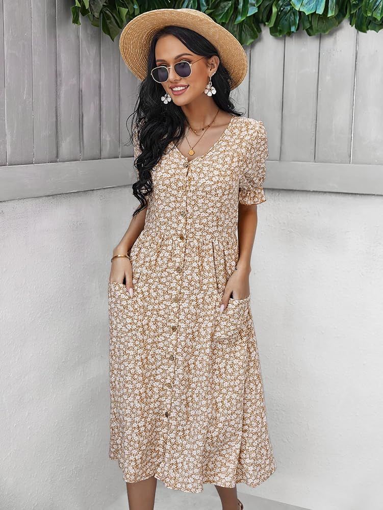 Vaiaye Womens Midi Dresses Bohemian V Neck Short Sleeve Corset Elastic Waist Summer Dress | Amazon (US)