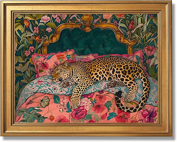 Gold Framed Sleeping Leopard Wall Art Luxury Jungle Colorful Cheetah Animal Poster Retro Maximali... | Amazon (US)