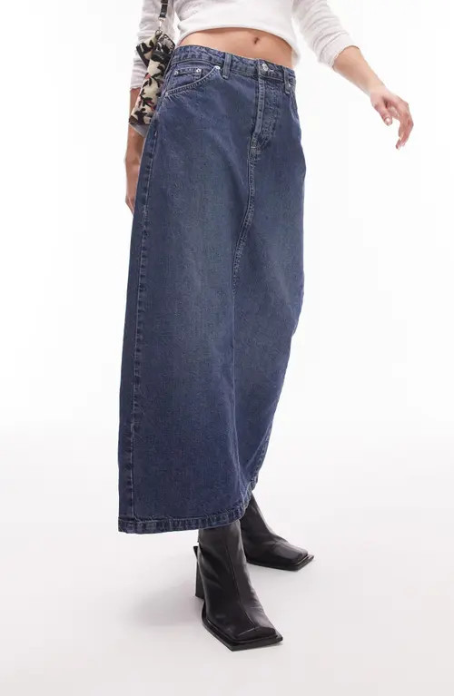 Topshop Denim Midi Skirt in Mid Blue at Nordstrom, Size 12 Us | Nordstrom