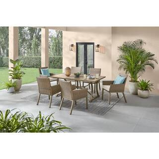 Hampton Bay Holly Cove 7-Piece Wicker Rectangular Outdoor Dining Set with CushionGuard Almond Cus... | The Home Depot